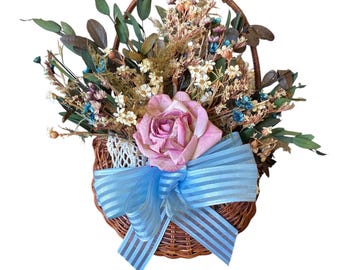 Woven Wicker Wall Pocket Basket: Dried Pink Rose Bouquet, Blue Ribbon