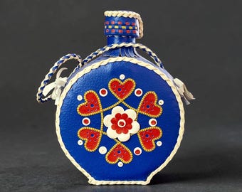 Vintage Folk Art Leather Covered Glass Flask Canteen Man Cave European Barware Red Hearts White & Blue