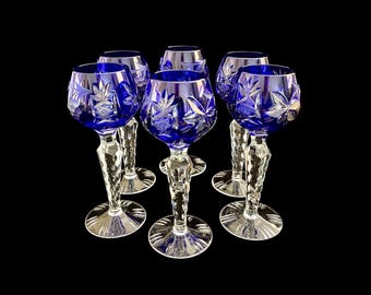 6 Nachtmann Traube Cobalt Blue Cut to Clear Crystal Sherry Cordial Glasses 5.25"