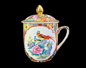 Vintage Chinese Famille Rose Porcelain Teacup With Lid Hand Painted Birds Flowers Gold Trimmed Ceramic Steeping Mug Tea Lover Gift Idea