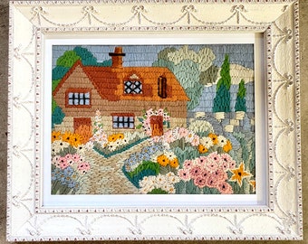 Vintage 1950’s Crewel Embroidered Cottage English Garden, Flowers, Trees, a Path, Very Detailed, Framed Finished, Matted with Glass Front
