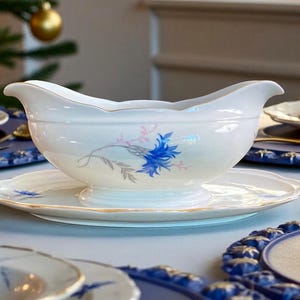 May include: White porcelain gravy boat with a matching saucer, adorned with blue and pink floral designs and gold trim. The elegant serving dish is part of a larger dinnerware set, perfect for special occasions.