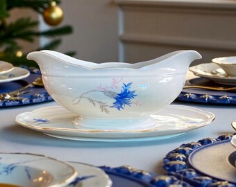 Vintage KPM Krister Gravy Boat Attached Plate Cornflower Germany Fine Porcelain
