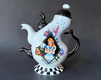 Disney Parks Alice in Wonderland Triple Spout Teapot Mad Hatter Tea Party Decor, Ceramic Whimsical Tea Pot, Disney Collector Gift 8"