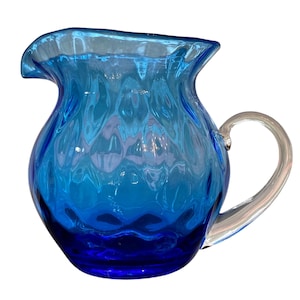 Vintage Blenko Blue Thumbprint Optic Cobalt Glass Pitcher Coastal Vase Clear Handle Farmhouse Table Decor 7.5”