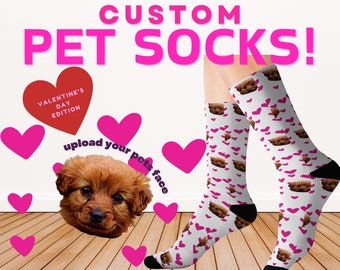 Customized pet socks! Custom valentines gifts, pet lover gifts, dog face with hearts, personalized socks, valentines gifts him her