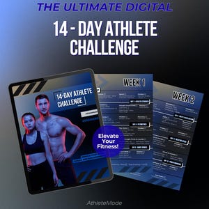 Może przedstawiać: Reklama cyfrowego programu fitness. Obraz przedstawia tablet z 14-dniowym wyzwaniem dla sportowców, z mężczyzną i kobietą. Dwa arkusze szczegółowo opisują plany treningowe na tydzień 1 i tydzień 2. Tekst brzmi "Elevate Your Fitness!"