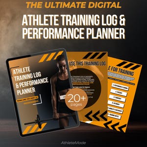 Könnte beinhalten: Digitales Athleten-Trainingsprotokoll und Leistungsplaner. Das Bild zeigt ein Tablet und zwei bedruckte Seiten mit Text und Grafiken. Das Tablet zeigt den Titel "Athlete Training Log & Performance Planner". Die gedruckten Seiten haben orangefarbene und schwarze Akzente.
