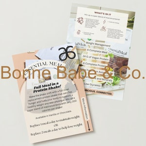May include: Product information cards for "Essential Meal" protein shakes. The cards feature text about the product's ingredients, benefits, and usage. The cards are in shades of beige and white, with the brand name "Bonne Babes & Co." in a brown font.