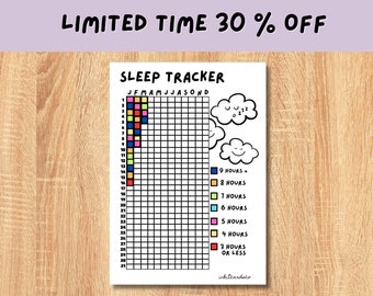 May include: A printable sleep tracker with a grid for each month of the year. The grid is color-coded to track hours of sleep, with colors ranging from red for 3 hours or less to blue for 9 hours or more. The tracker features a cute cartoon cloud with a sleepy face.