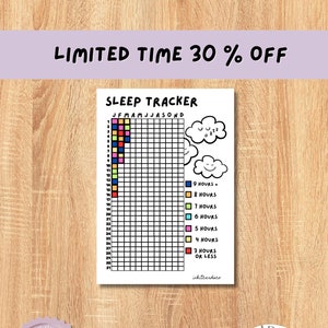 May include: A printable sleep tracker with a grid for each month of the year. The grid is color-coded to track hours of sleep, with colors ranging from red for 3 hours or less to blue for 9 hours or more. The tracker features a cute cartoon cloud with a sleepy face.
