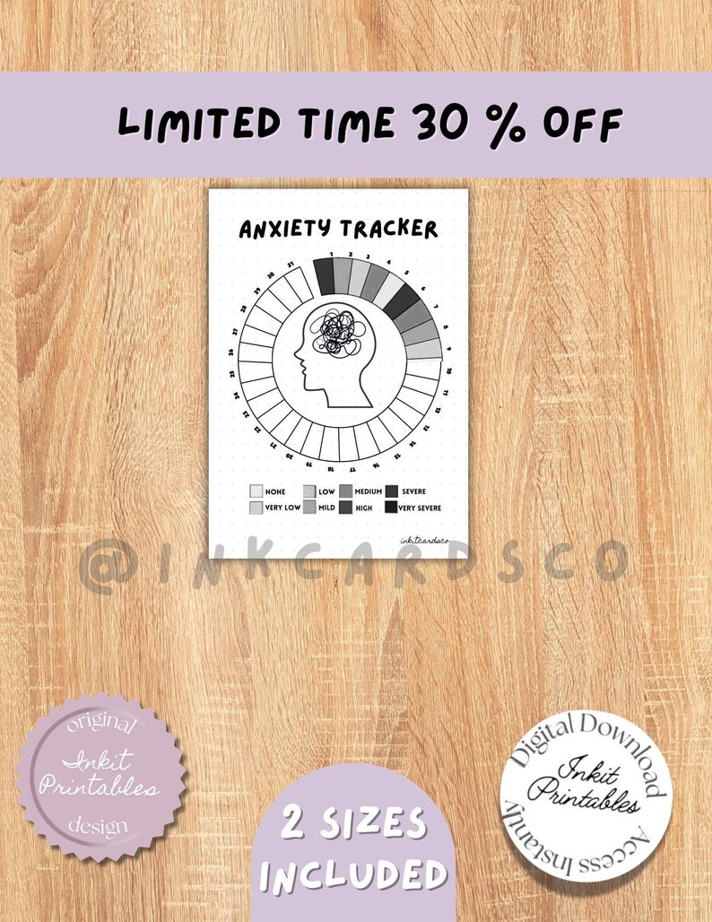 May include: A printable anxiety tracker with a circular design, featuring a head silhouette with a tangled brain graphic. The tracker includes a scale from "none" to "very severe" and the text "Limited Time 30% Off".