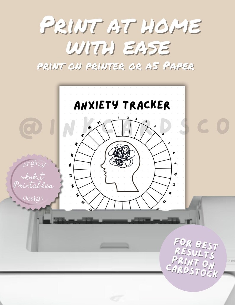 May include: A black and white anxiety tracker printable with the text "ANXIETY TRACKER". The design includes a head silhouette with a tangled brain graphic. The text "PRINT AT HOME WITH EASE" is at the top.