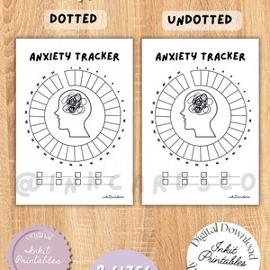May include: Two white printable anxiety trackers, one dotted and one undotted, with a circular design and the text "ANXIETY TRACKER." The image includes the text "INCLUDES" and "2 SIZES INCLUDED."