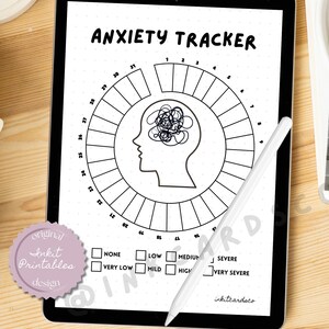 May include: A digital anxiety tracker displayed on a tablet. The black and white design features a circular chart with a head silhouette and a tangled brain graphic. The text reads "Anxiety Tracker" and "Can Be Used As A Digital Planner."