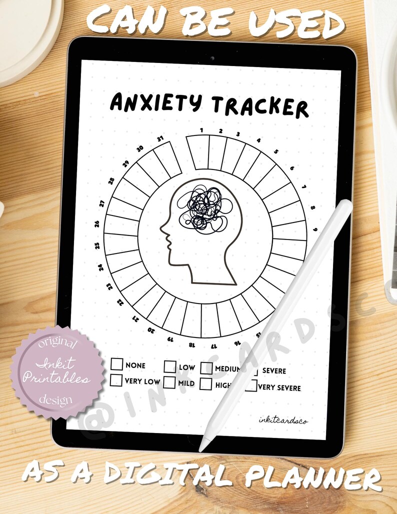May include: A digital anxiety tracker displayed on a tablet. The black and white design features a circular chart with a head silhouette and a tangled brain graphic. The text reads "Anxiety Tracker" and "Can Be Used As A Digital Planner."