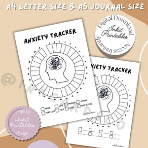 May include: Two white printable anxiety tracker sheets with a circular design and a head silhouette. The text "ANXIETY TRACKER" is at the top. The image includes the text "WHAT'S INCLUDED" and "2 SIZES INCLUDED".