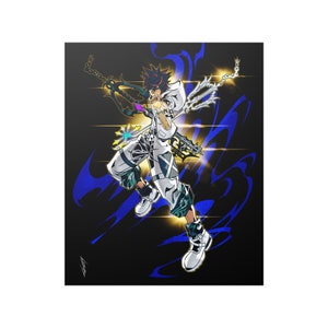 May include: A digital illustration of a character from a video game. The character is wearing a white and black outfit and is holding a weapon. The background is black with blue and yellow accents.