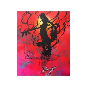 May include: A black and white illustration of a character from a video game. The character is standing in a pool of water with a crown and a keyblade. The background is a red and orange sunset.