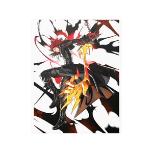 May include: A digital illustration of a character from a video game. The character is a young man with red hair and a black outfit. He is holding a large, flaming sword. The background is a white and black abstract design.