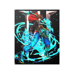 May include: A digital illustration of a character from a video game. The character is a young man with brown hair and a red hooded jacket. He is holding a large sword and is surrounded by blue and green energy. The background is black.