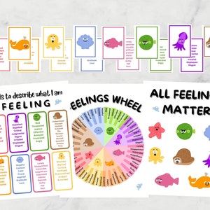 Op de afbeelding: Een set printbare posters om kinderen te leren over gevoelens. De posters bevatten kleurrijke illustraties van zeedieren met verschillende gezichtsuitdrukkingen en woorden om verschillende emoties te beschrijven. De posters bevatten een gevoelenswiel, een lijst met woorden om gevoelens te beschrijven en de zin "Alle gevoelens doen ertoe."