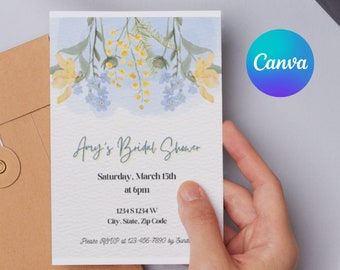 Bridal Shower. Floral. Brunch. Yellow and Blue. Editable Invitation Template.