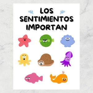 May include: A white poster with the text "LOS SENTIMIENTOS IMPORTAN" in black. The poster features illustrations of various sea creatures with different facial expressions, including a starfish, a pufferfish, a clam, an octopus, a turtle, a squid, a fish, and a whale.