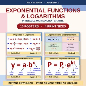 Puede incluir: Un conjunto de carteles matemáticos imprimibles titulados Exponential Functions & Logarithms, que incluye 10 pósteres en 4 tamaños. Los carteles muestran fórmulas matemáticas, propiedades de logaritmos y ecuaciones de crecimiento exponencial.