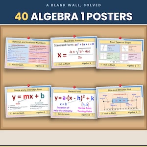 Può includere: Un set di sei poster didattici intitolati 40 Algebra 1 Posters, A Blank Wall, Solved. I poster mostrano concetti matematici tra cui numeri razionali e irrazionali, formula quadratica, quattro tipi di pendenza, forma pendenza-intercetta, forma del vertice e diagramma a scatola e baffi, tutti con il logo Rich in Math.
