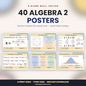 May include: A set of 40 Algebra 2 educational posters featuring anchor charts for units including the Quadratic Formula, Unit Circle, Complex Numbers, Properties of Logarithms, The Discriminant, and Normal Distribution with mathematical formulas.