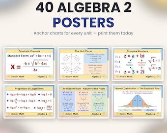 Algebra 2 Posters, 40 Printable Math Anchor Charts, High School Math Classroom Decor, Trig and Logarithms, 4 Print Sizes, Instant Download