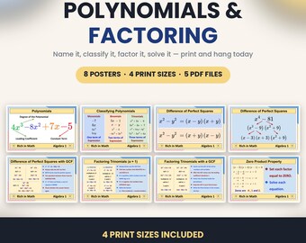 Factoring Polynomials Posters, Algebra 1 Anchor Charts, 8 Math Classroom Posters, Difference of Squares and Trinomials, 4 Print Sizes
