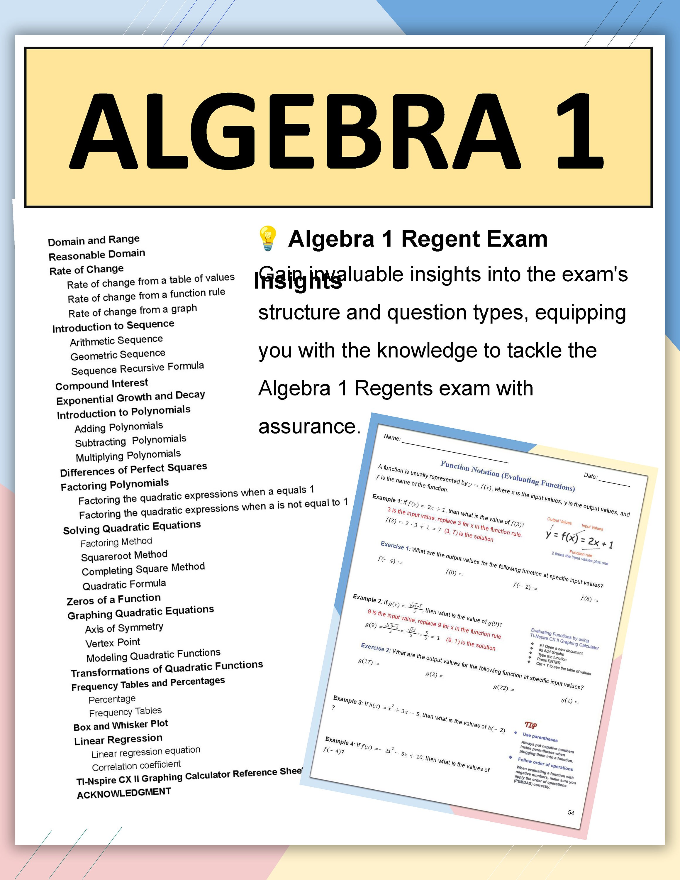 Algebra 1 Regent Exam Workbook Master 25 Essential Topics 45 Subskills