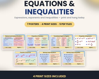 Poster zum Lösen von Gleichungen und Ungleichungen, Algebra-1-Übersichtstafeln, 7 Poster für den Mathematikunterricht, Wanddekoration mit Wörtern, 4 Größen, Sofort-Download