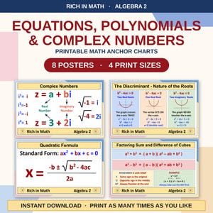 May include: A set of eight printable math anchor charts for Algebra 2, featuring equations, polynomials, and complex numbers. The posters display formulas for complex numbers, the discriminant, the quadratic formula, and factoring cubes.