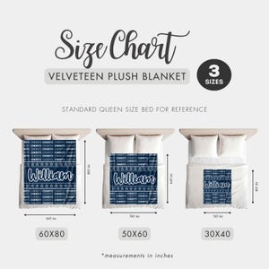May include: Size chart for a Velveteen plush blanket, showing three sizes: 60x80 inches, 50x60 inches, and 30x40 inches. The blanket is navy blue with the name "William" and star accents. The text "Cowboys" is also visible.