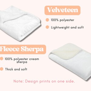 Op de afbeelding: Twee witte dekens worden getoond, een Velveteen en een Fleece Sherpa. De Velveteen deken is 100% polyester en lichtgewicht. De Fleece Sherpa deken is 100% polyester cream sherpa, dik en zacht. Ontwerp wordt aan &eacute;&eacute;n kant bedrukt.