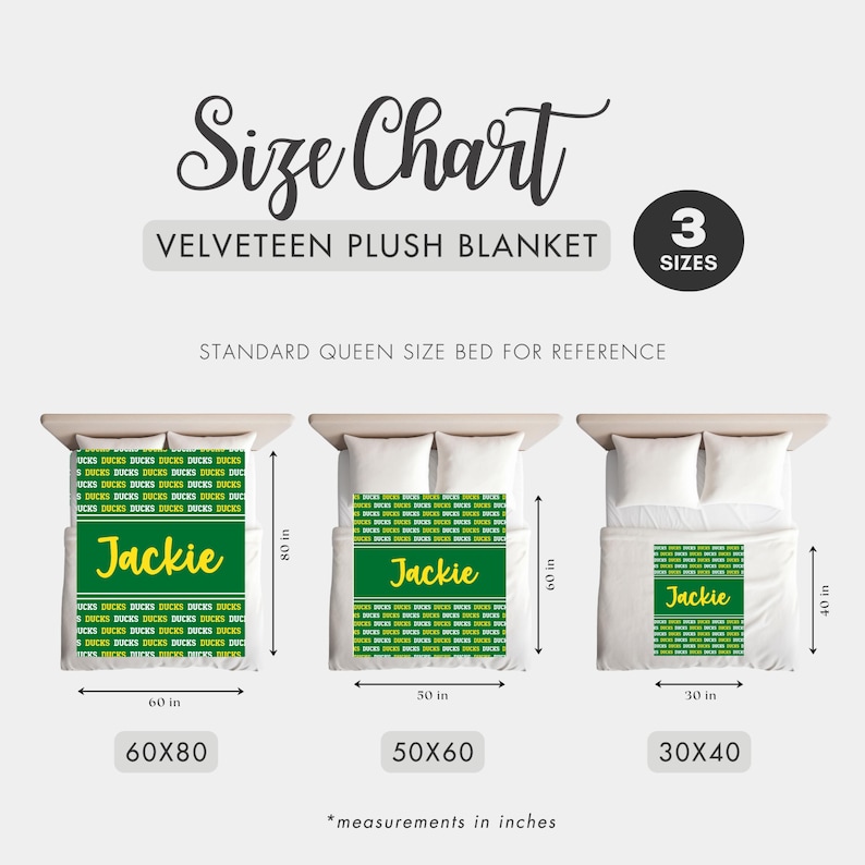 May include: Size chart for a Velveteen plush blanket, showing three sizes: 152x203 cm, 127x152 cm, and 76x101 cm. The blanket design features the name "Jackie" in green and white, with a repeating "DUCKS" pattern.