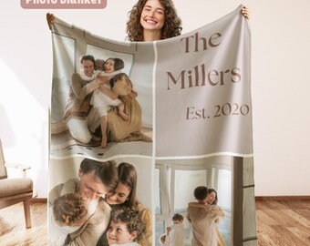 May include: A photo blanket with a collage of family photos. The blanket is beige with brown text that reads "The Millers Est. 2020".
