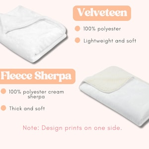 May include: Two white blankets are shown, one labelled "Velveteen" and the other "Fleece Sherpa." The Velveteen blanket is 100% polyester, lightweight, and soft. The Fleece Sherpa is 100% polyester cream sherpa, thick, and soft. Design prints on one side.