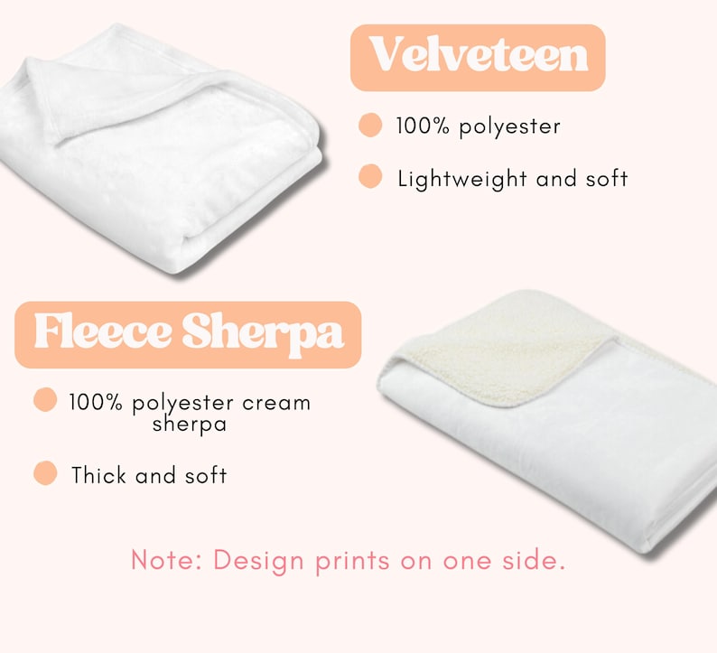 May include: Two white blankets are shown, one labelled "Velveteen" and the other "Fleece Sherpa." The Velveteen blanket is 100% polyester, lightweight, and soft. The Fleece Sherpa is 100% polyester cream sherpa, thick, and soft. Design prints on one side.