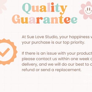 Op de afbeelding: Afbeelding met de tekst "Quality Guarantee" in kleurrijke letters. Het bevat een bloem en een badge met een vinkje. De tekst hieronder beschrijft het klanttevredenheidsbeleid van de winkel.