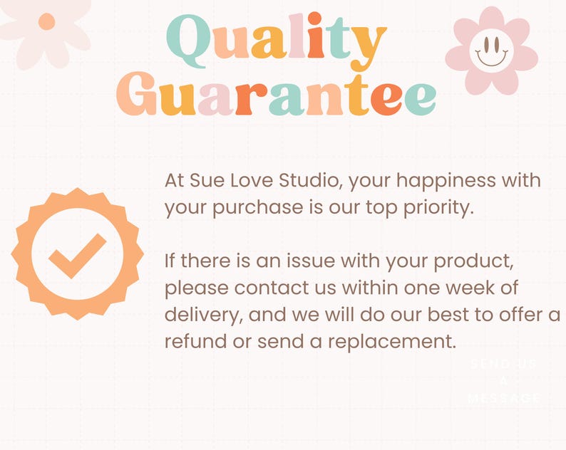 Op de afbeelding: Afbeelding met de tekst "Quality Guarantee" in kleurrijke letters. Het bevat een bloem en een badge met een vinkje. De tekst hieronder beschrijft het klanttevredenheidsbeleid van de winkel.
