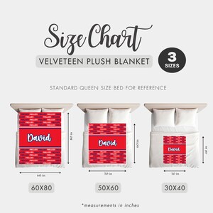 May include: Size chart for a red and white velveeteen plush blanket, available in three sizes: 60x80 inches, 50x60 inches, and 30x40 inches. The blanket features the name "David" in white script.