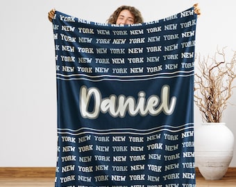 New York Sports Fan Blanket, Navy Blue & White Custom Name Throw, Stadium Blanket Gift for Him, Baseball Lover Decor, Holiday Cozy Gift