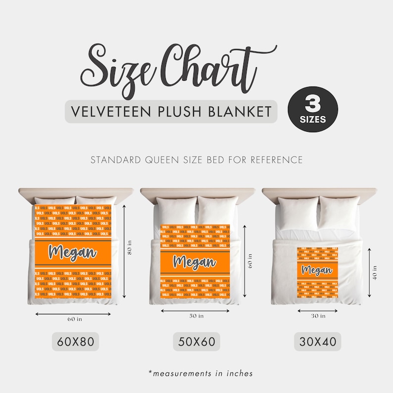 May include: Size chart for a Velveteen plush blanket, showing three sizes: 60x80 inches, 50x60 inches, and 30x40 inches. Each blanket has an orange and gold pattern with the name "Megan".