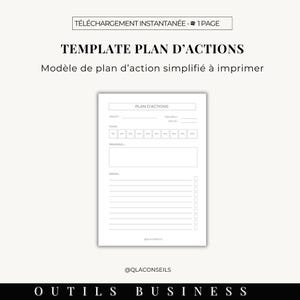 Peut inclure: Un modèle de plan d'action imprimable avec le titre "Plan d'Actions". Le modèle comprend des sections pour le projet, les dates, les tâches, les descriptions et les actions.