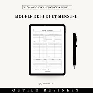 May include: A digital tablet displaying a printable monthly budget template. The template includes sections for income, expenses, savings, and debt. The tablet is on a white background with a black pen.