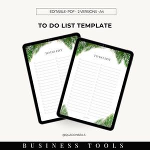 Peut inclure: Deux écrans de tablette numérique affichant un modèle de liste de tâches imprimable avec un motif de feuilles vertes. Le texte à l'écran indique "TO DO LIST".